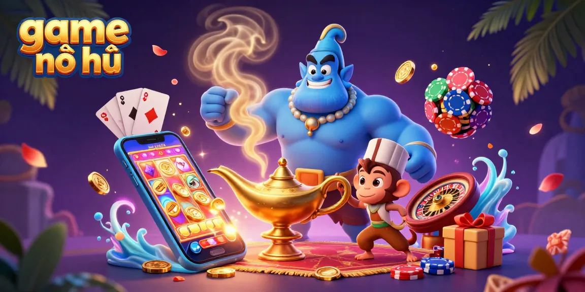 Experience the excitement of game nổ hũ with a vibrant slot scene featuring a genie, magical elements, and poker chips.