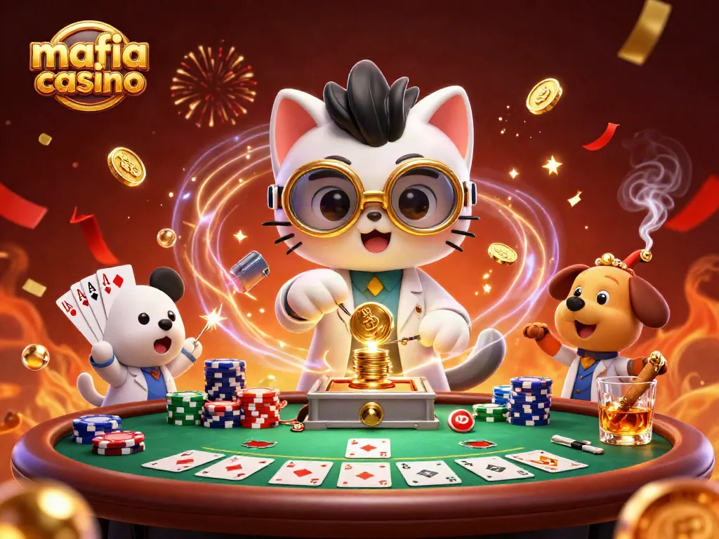 Engage in thrilling games at mafia casino with mad scientist cat and assistant, amidst poker action.