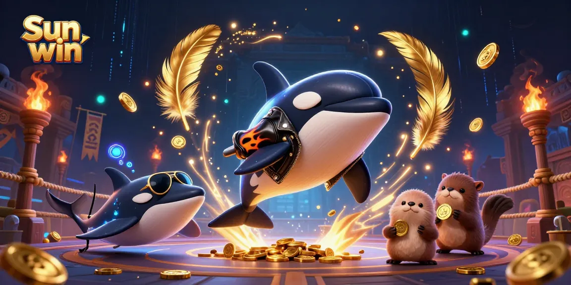 Engage in high-stakes fun with Sun win, featuring aquatic characters amid swirling game elements.